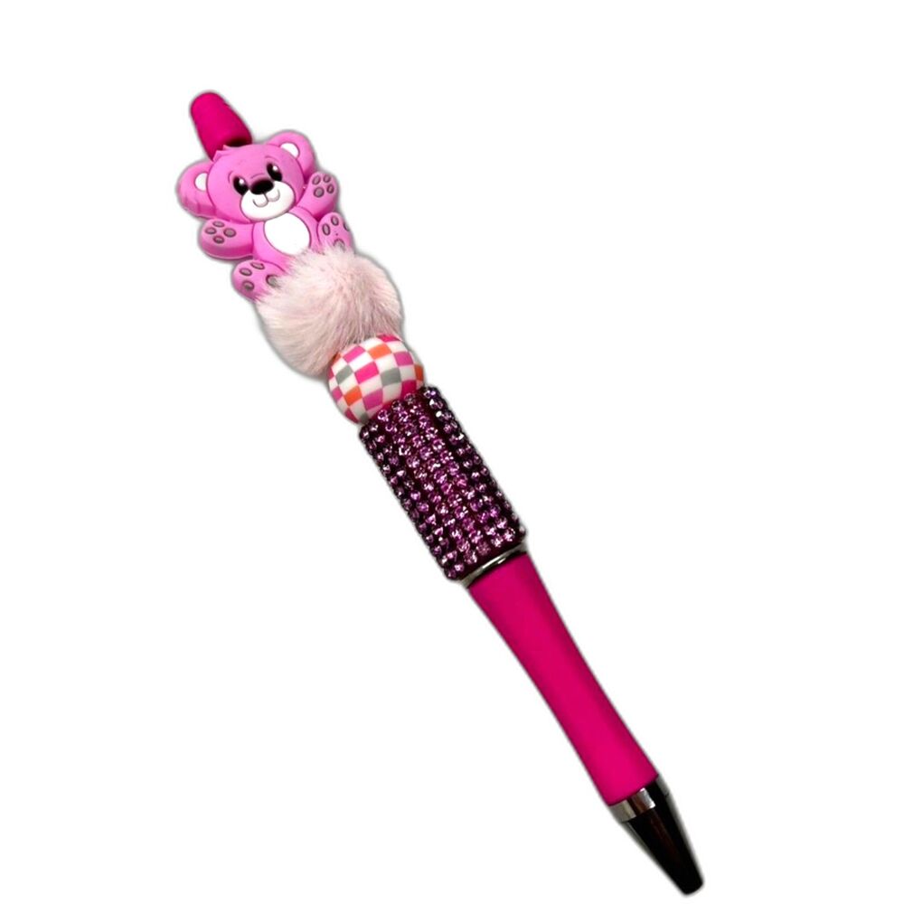 Unique Handmade Cute Hot Pink Crystal Furry Teddy Bear Beaded Pen